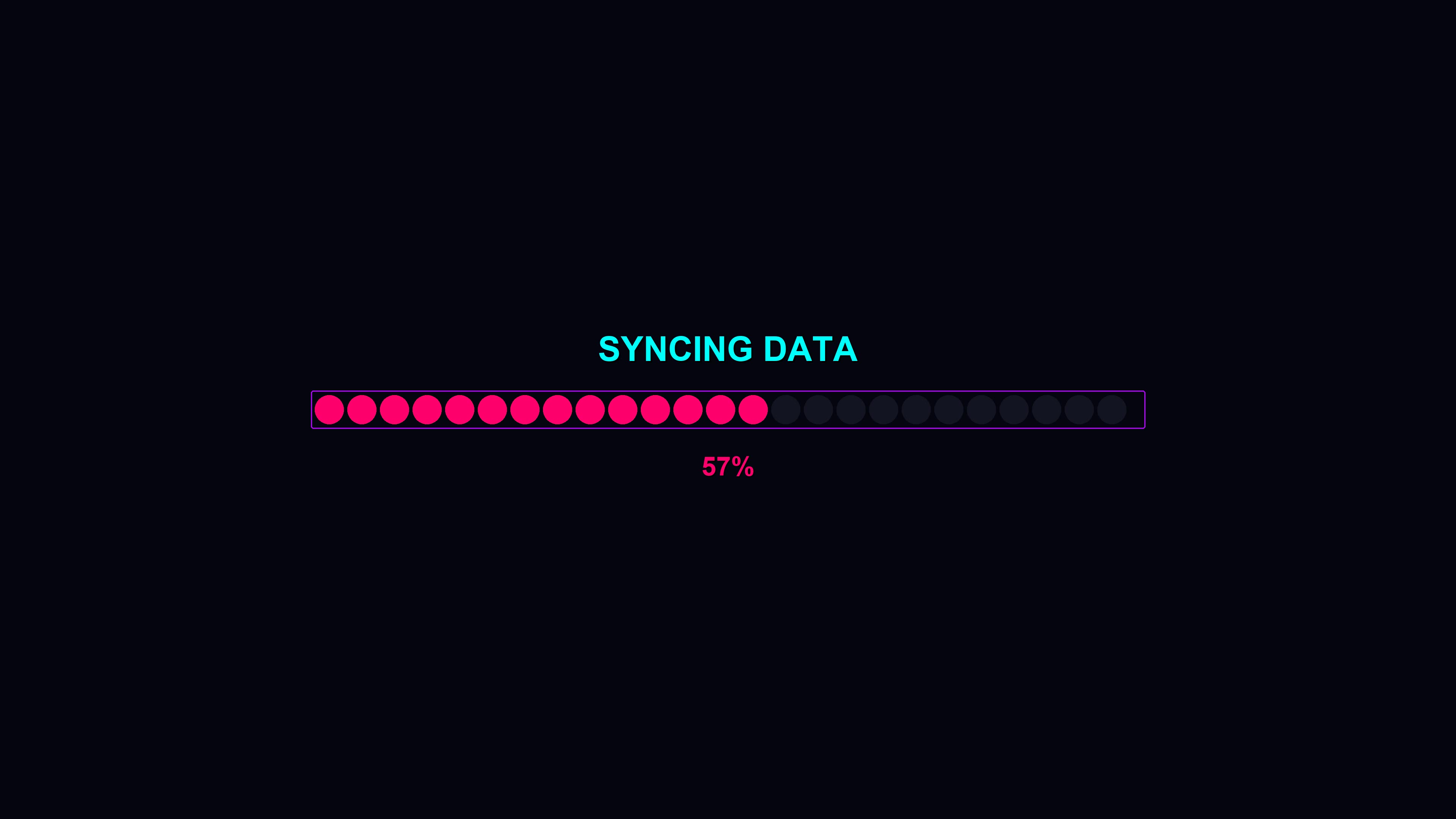 Progress bar animation shows syncing data with vibrant circles completing the loading process in a modern digital display setting