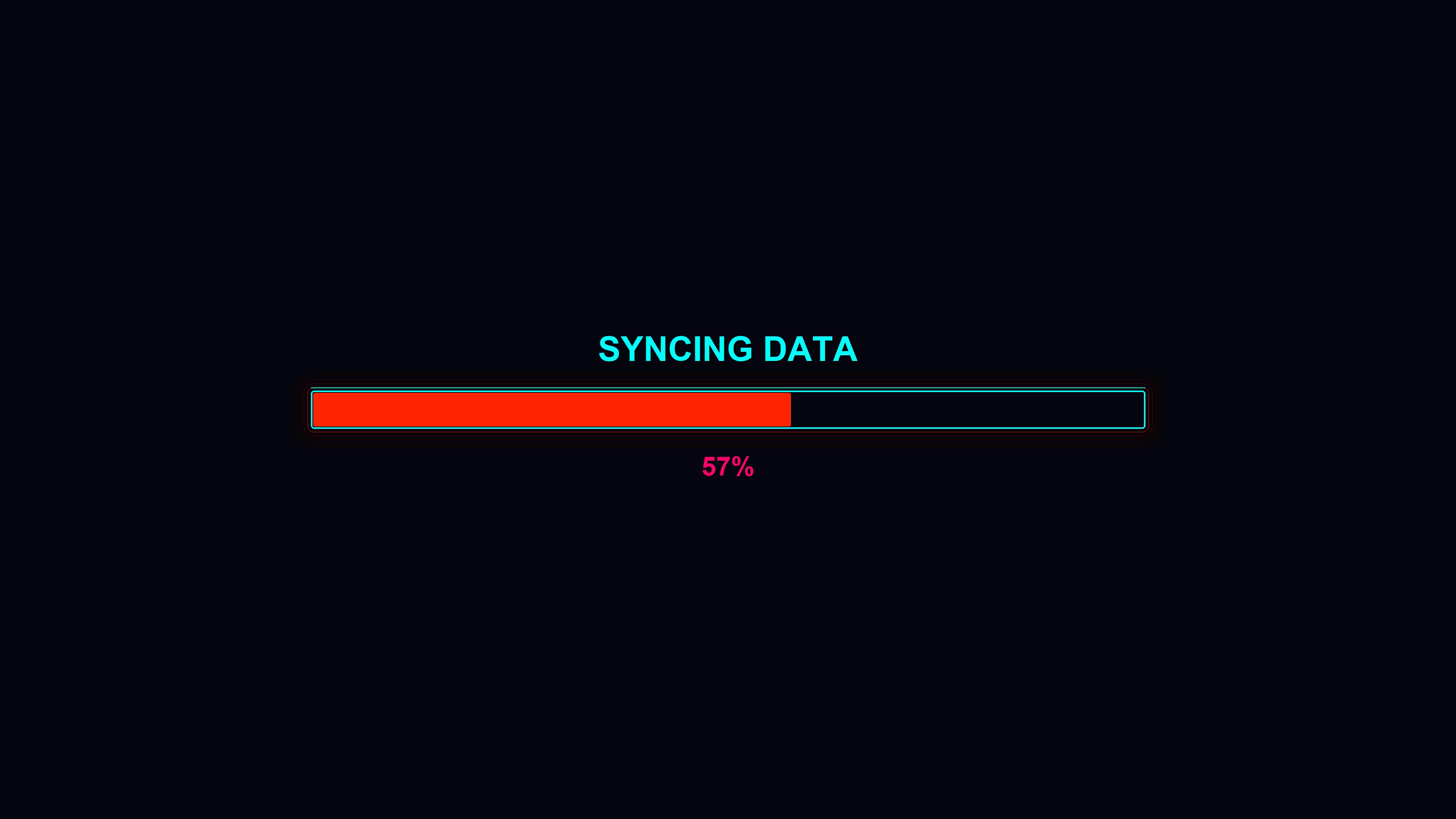 Progress bar animation shows data syncing with percentage indicator on a dark background