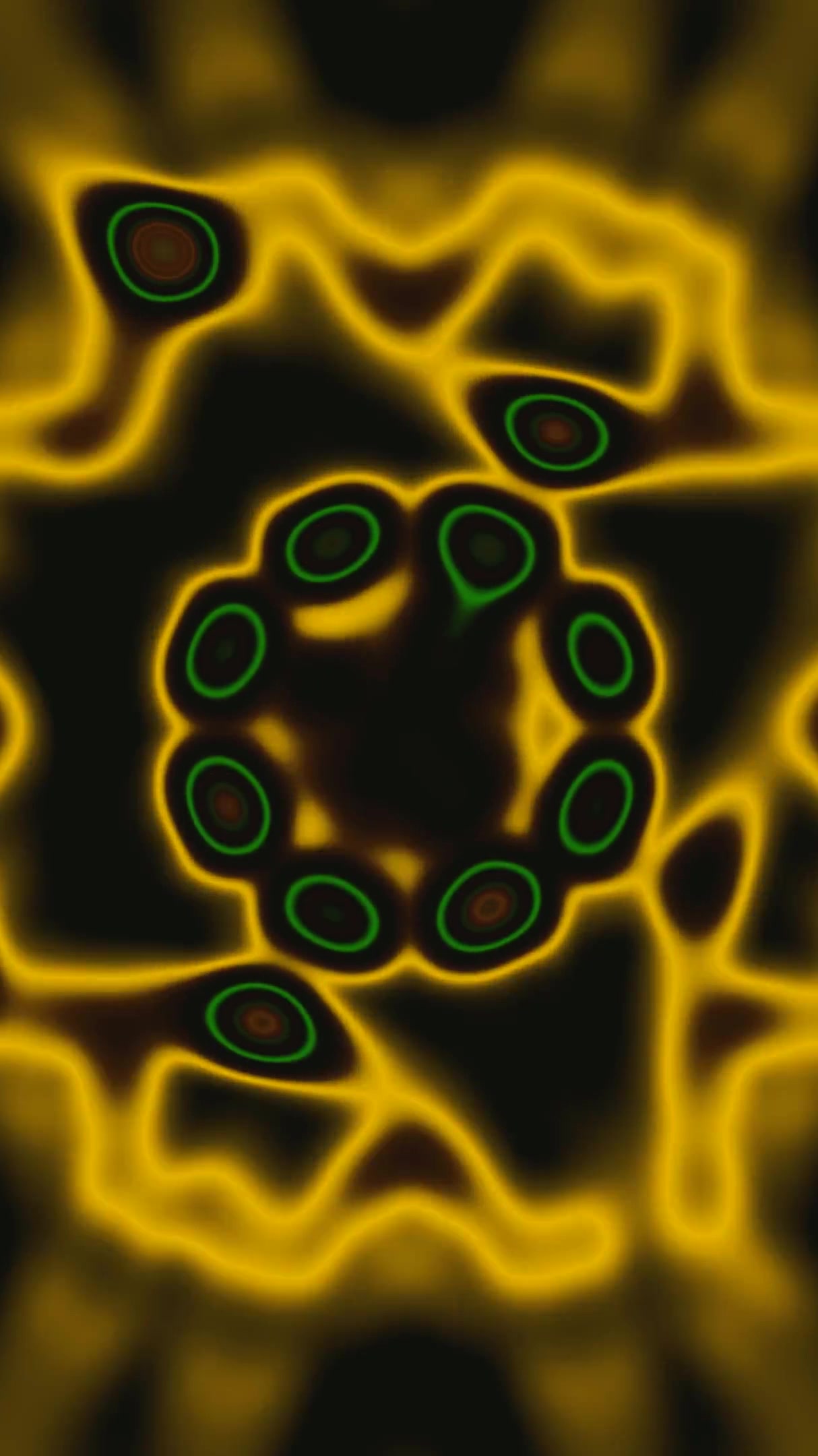 Seamless tunnel video loop featuring vibrant flowing patterns in green, orange, and black colors for dynamic screensaver experience