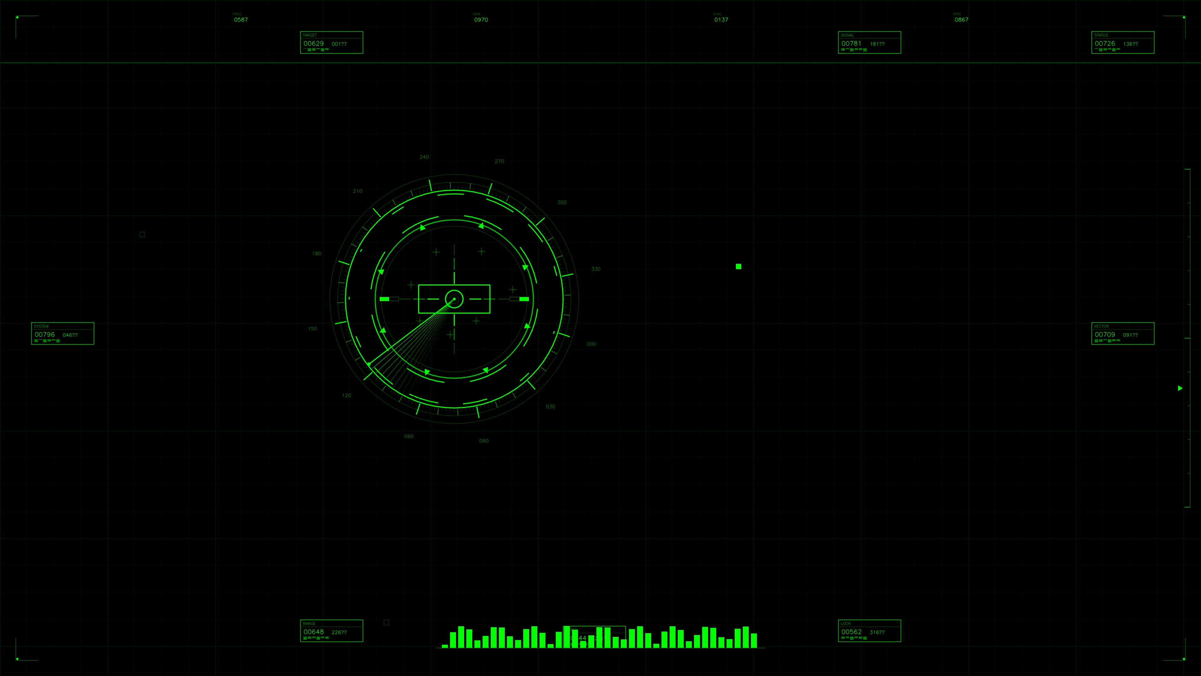 Military gui war stock footage hud animation used for science fiction production with radar and data display over a dark background