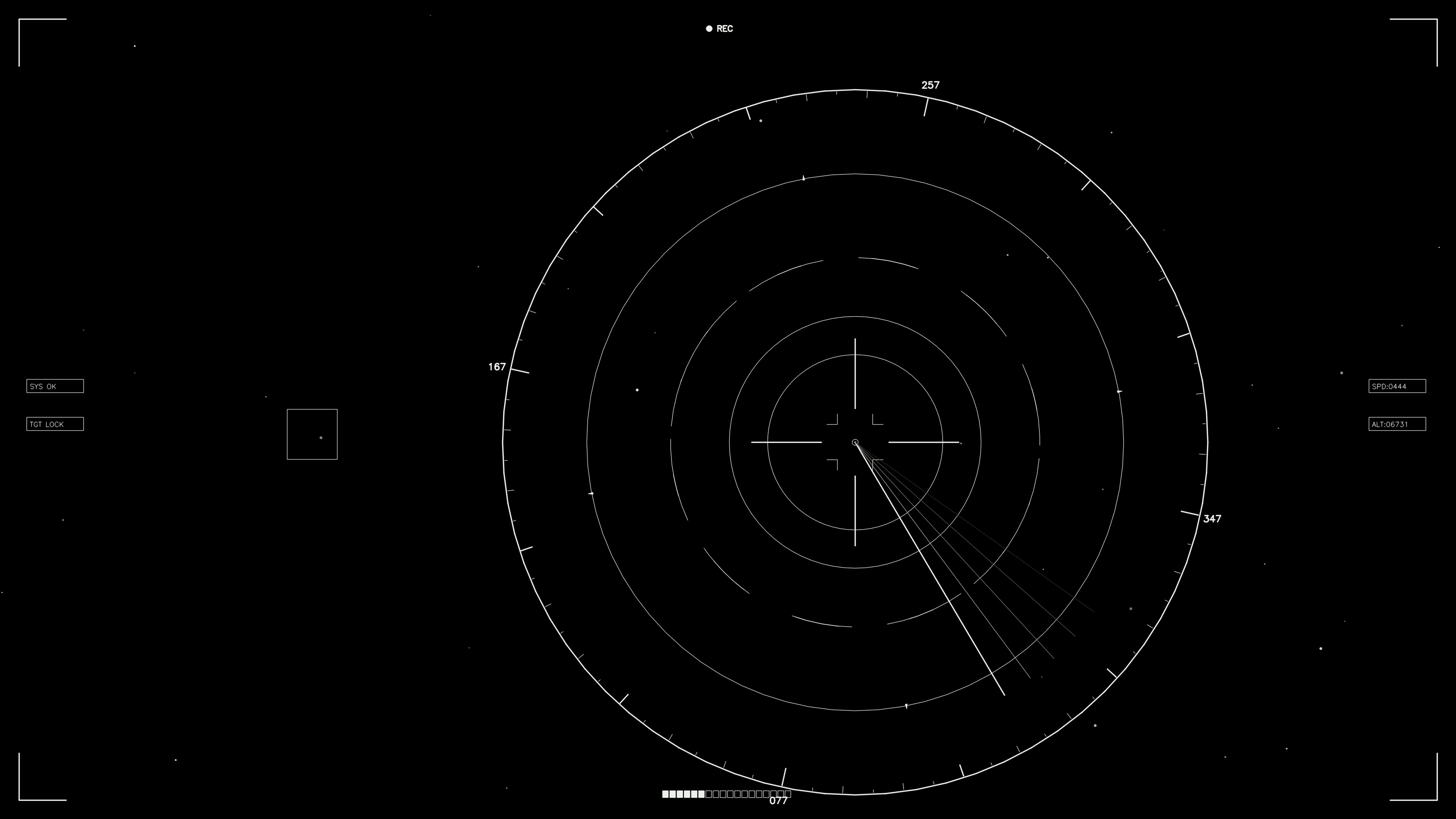 Scifi hud animation for webdesigners and videographers showing radar interface with circular patterns and data points displayed on a black background