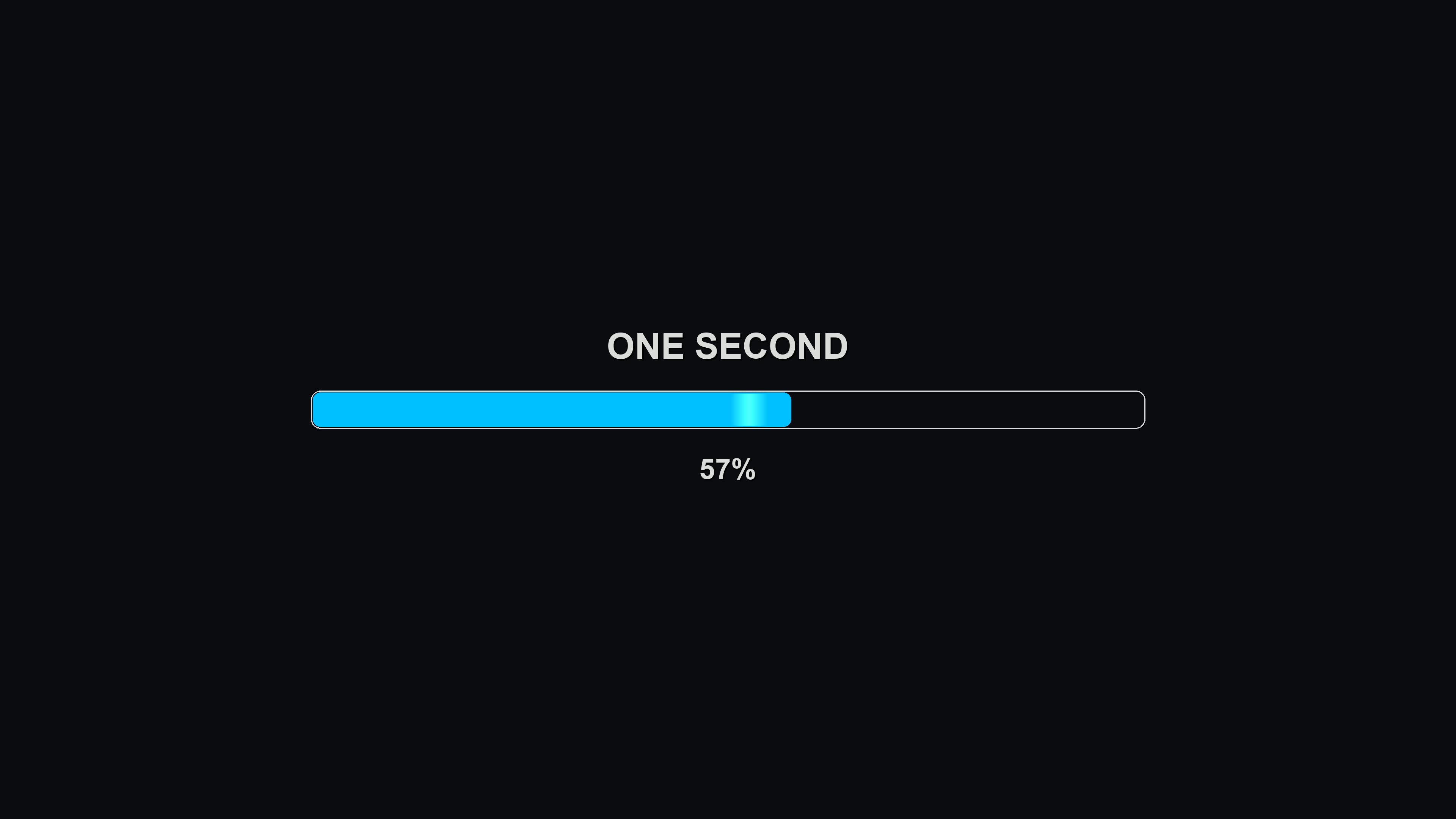 Progressbar animation indicating loading time of one second displaying completion at 100 percent on a dark background
