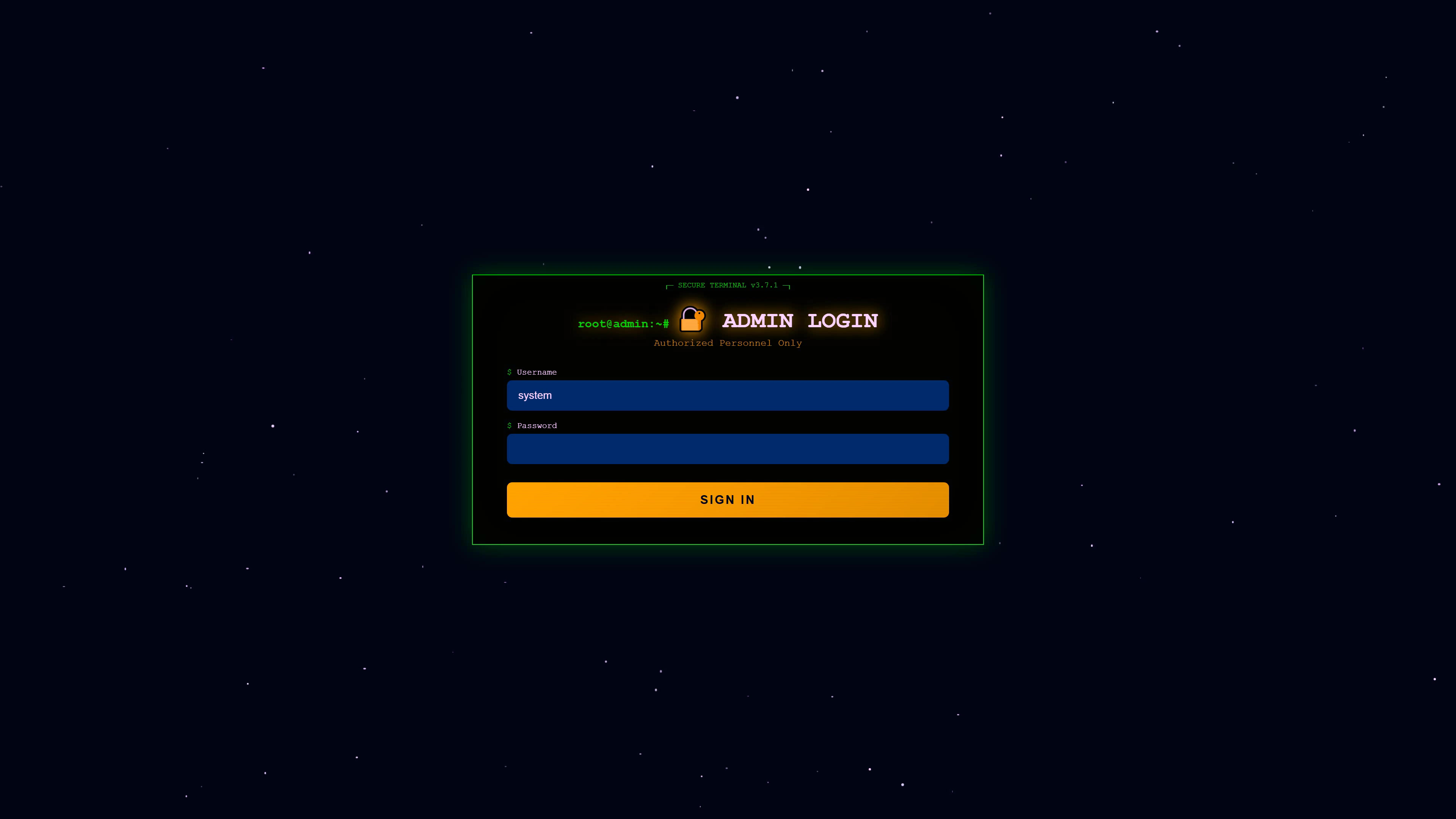 Animation of computer login process being hacked on an admin system during a night scene
