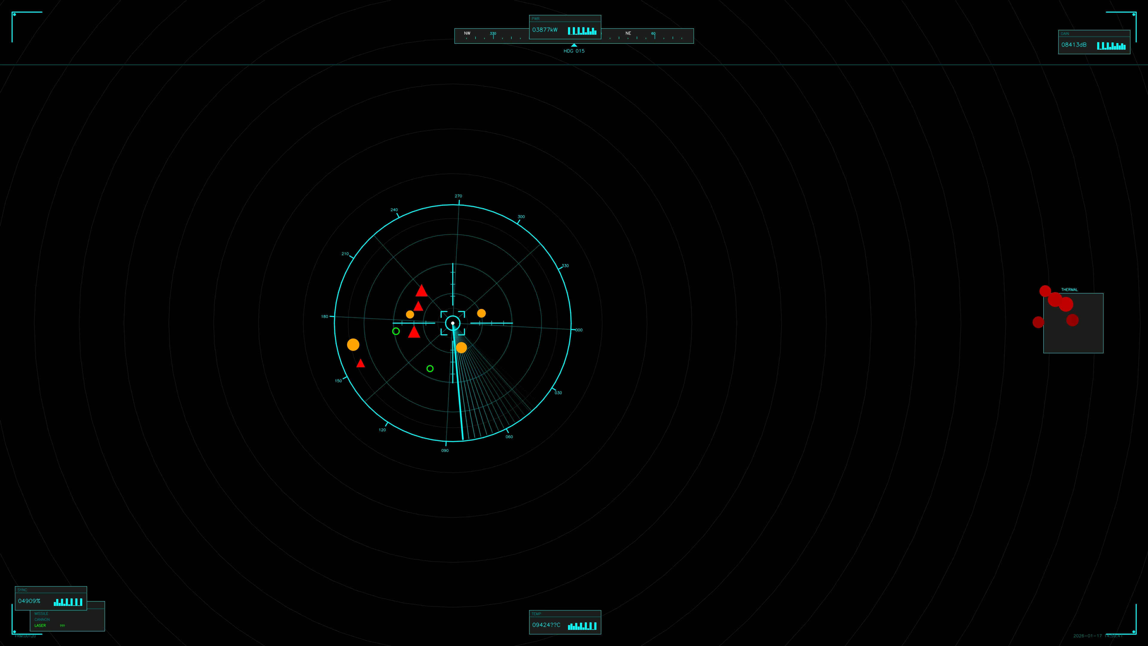 Military gui war stock footage hud animation for science fiction production showing radar signals and detection points during a conflict scenario