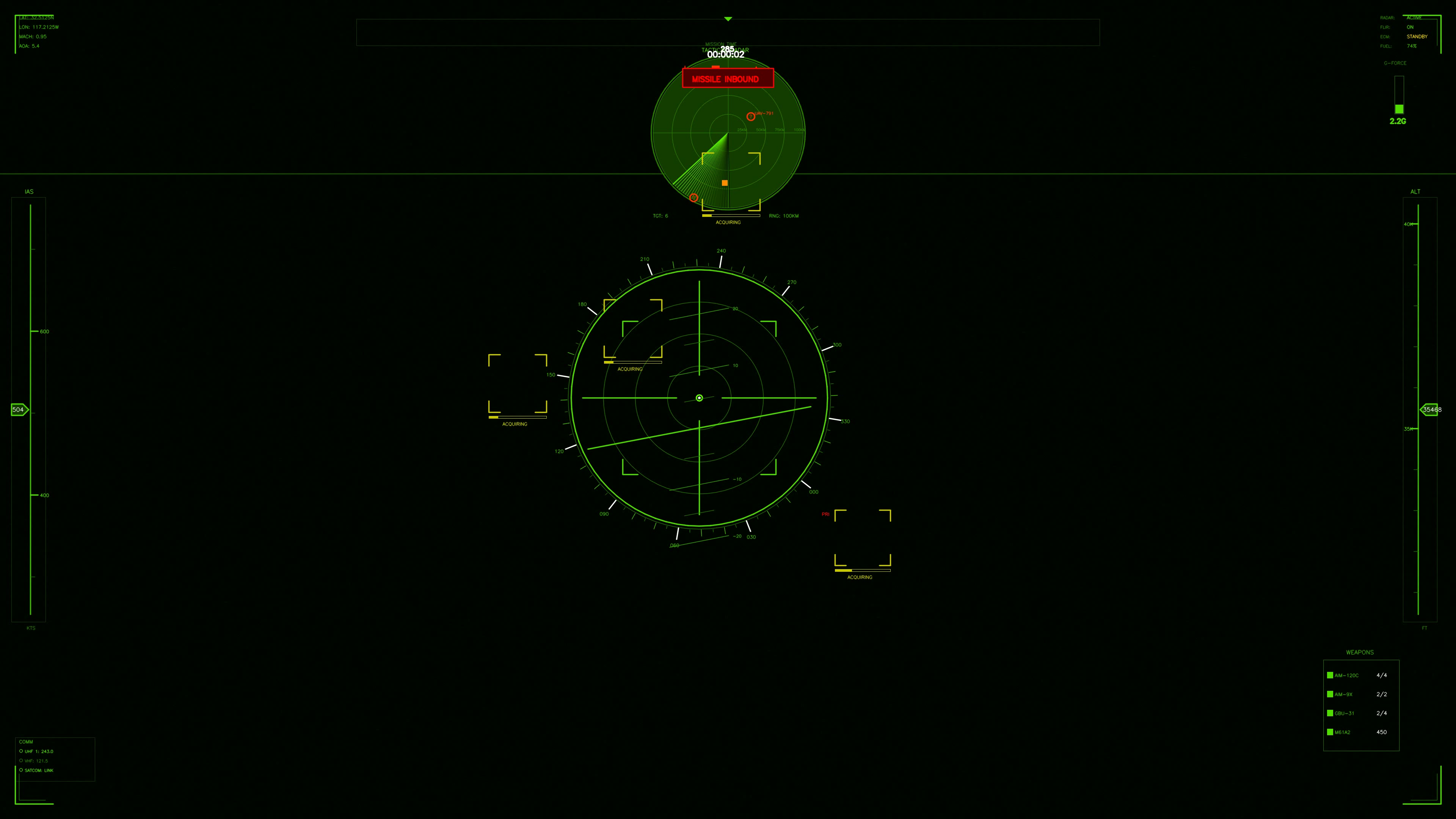 Military gui war stock footage hud animation designed for science fiction production with radar and target indicators displayed clearly