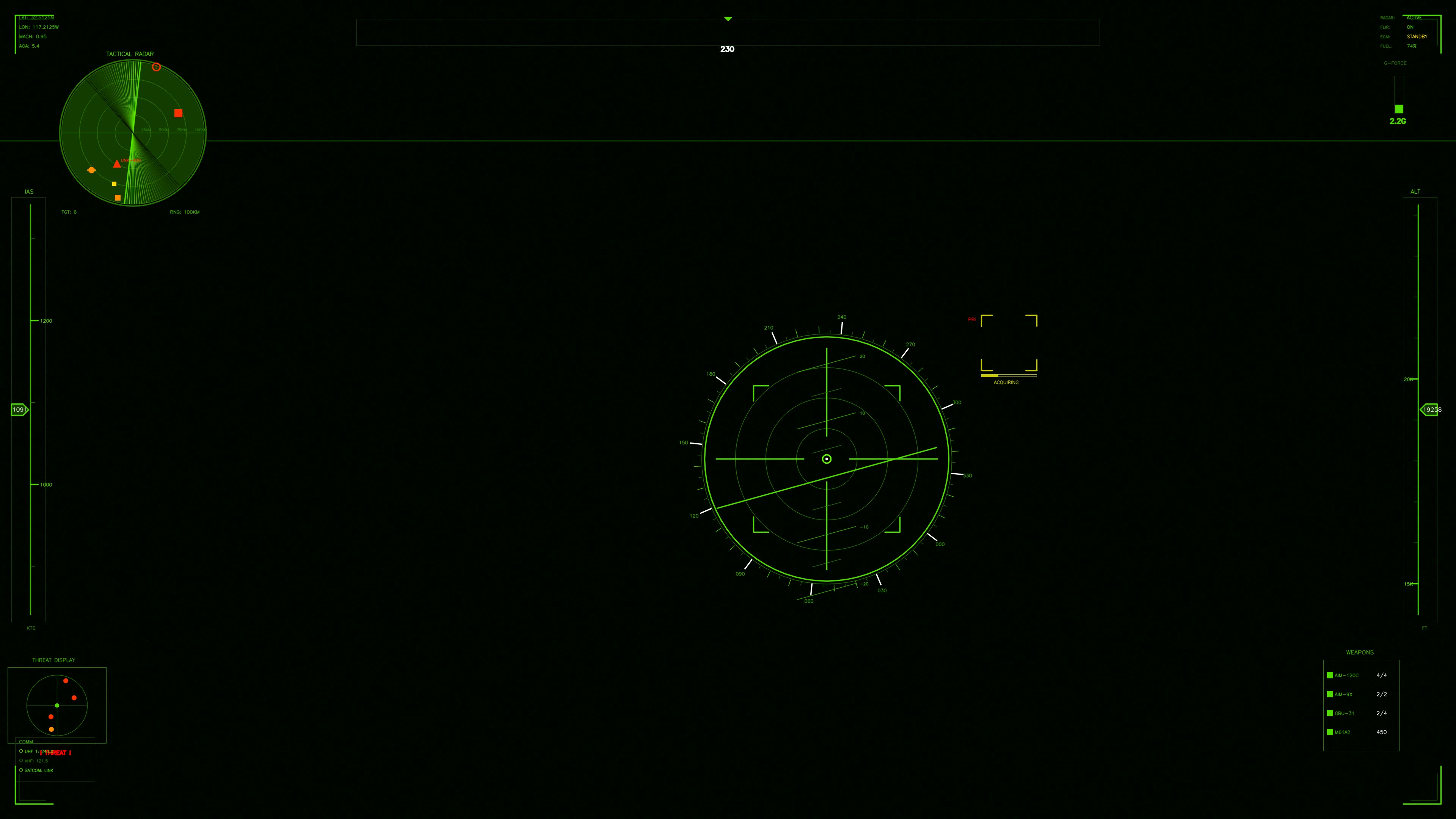 Military gui war stock footage that shows a radar screen and heads up display for science fiction production use