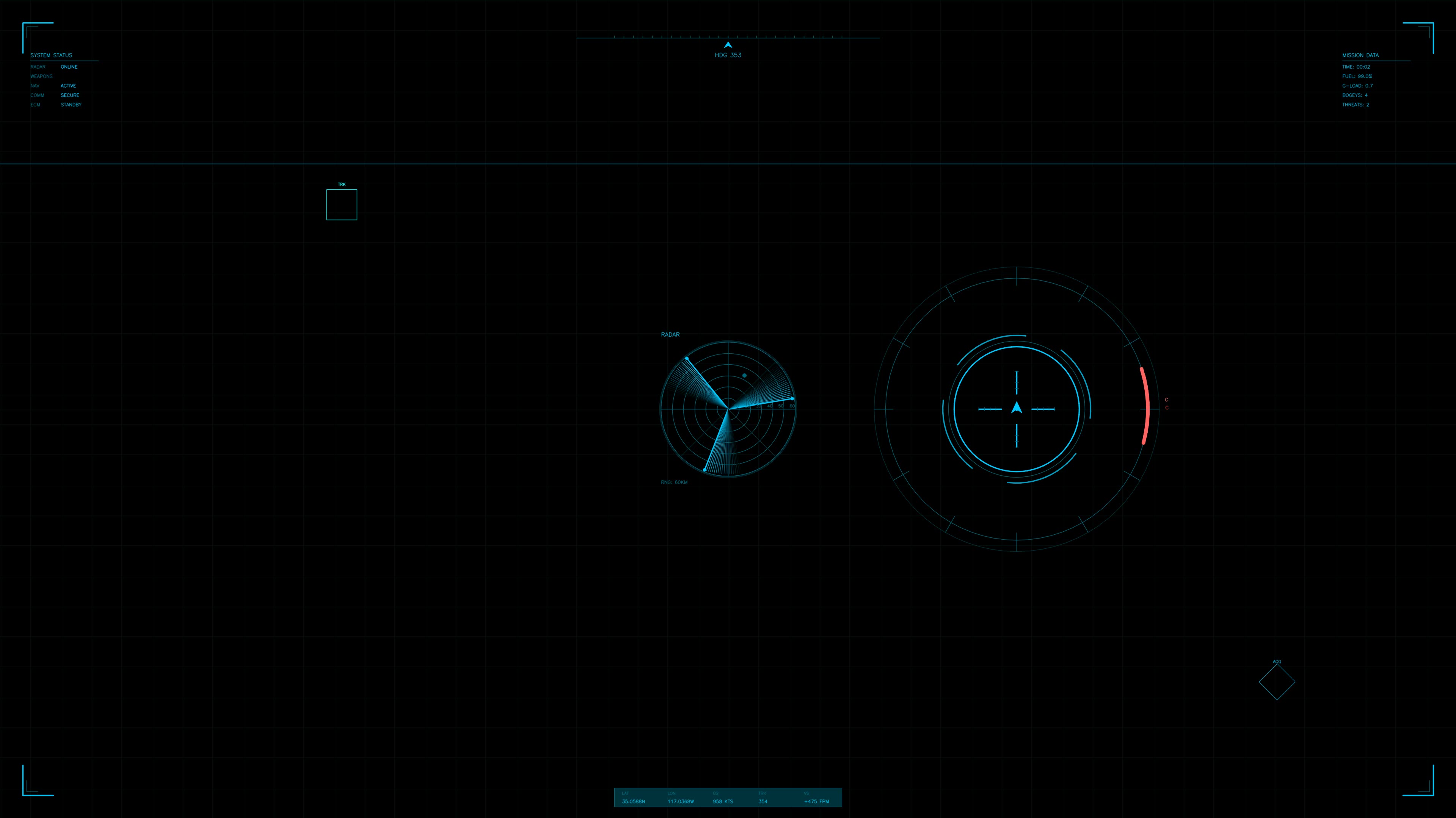 Military graphical user interface war stock footage for science fiction production featuring an advanced heads-up display with various elements