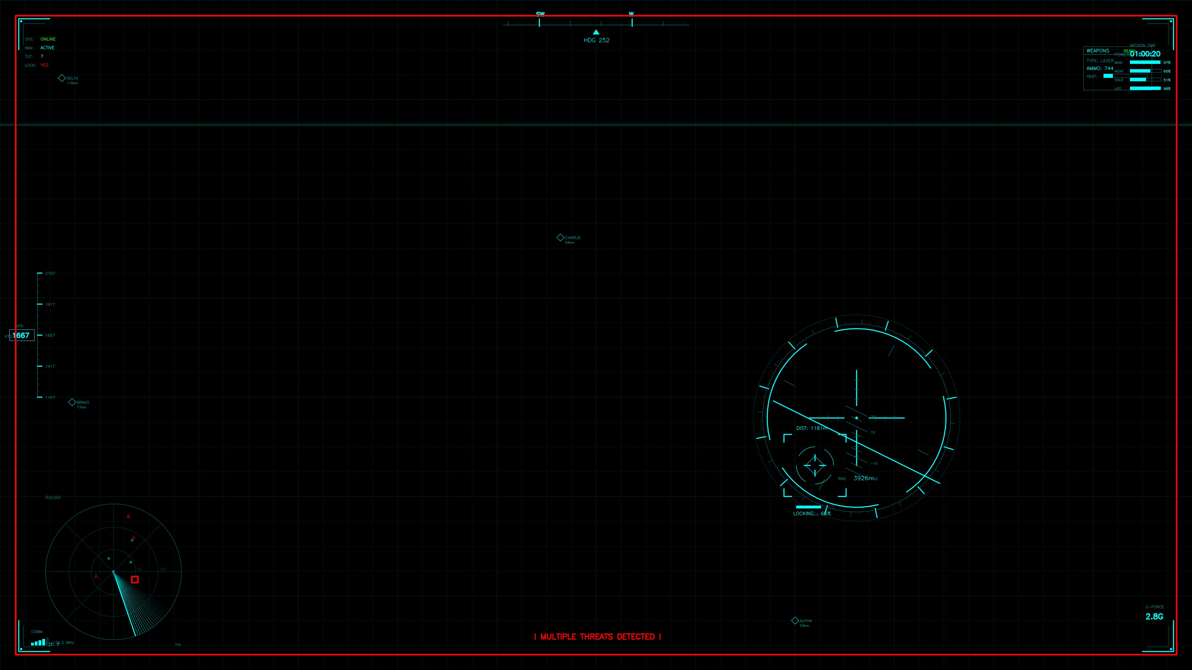 Military gui war stock footage display for science fiction production showing heads-up navigation system and radar readout