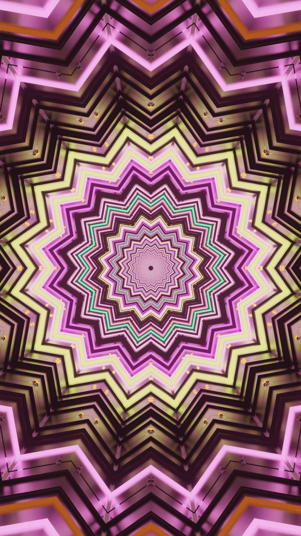Seamless tunnel video loop with bright yellow and purple patterns creating a mesmerizing visual experience