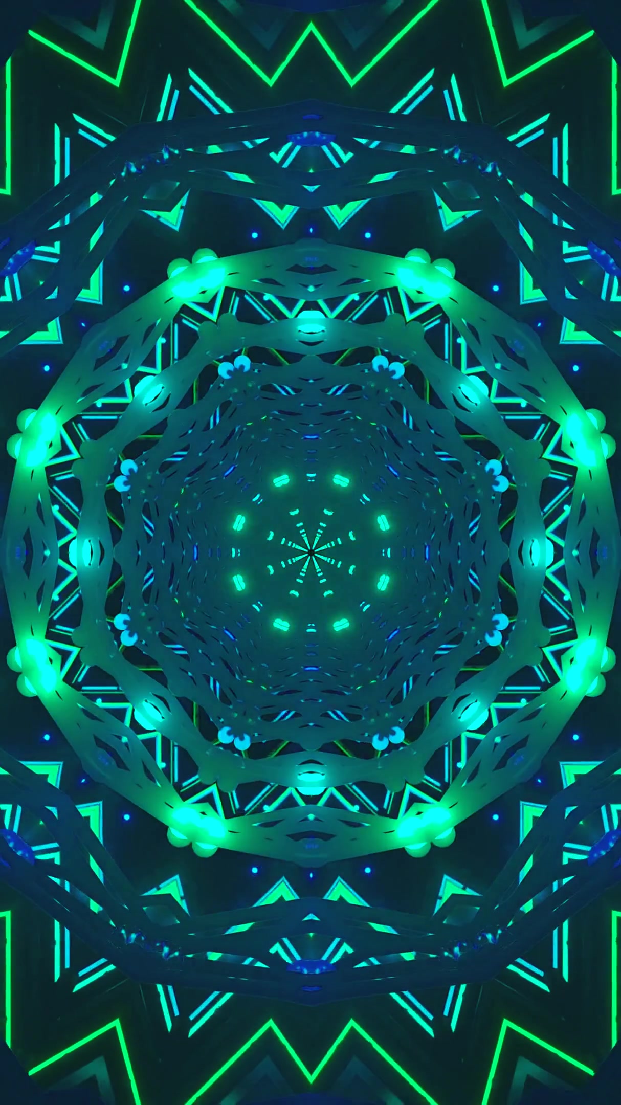Vivid tunnel video loop offers continuous motion with vibrant green and blue geometric designs creating an immersive experience
