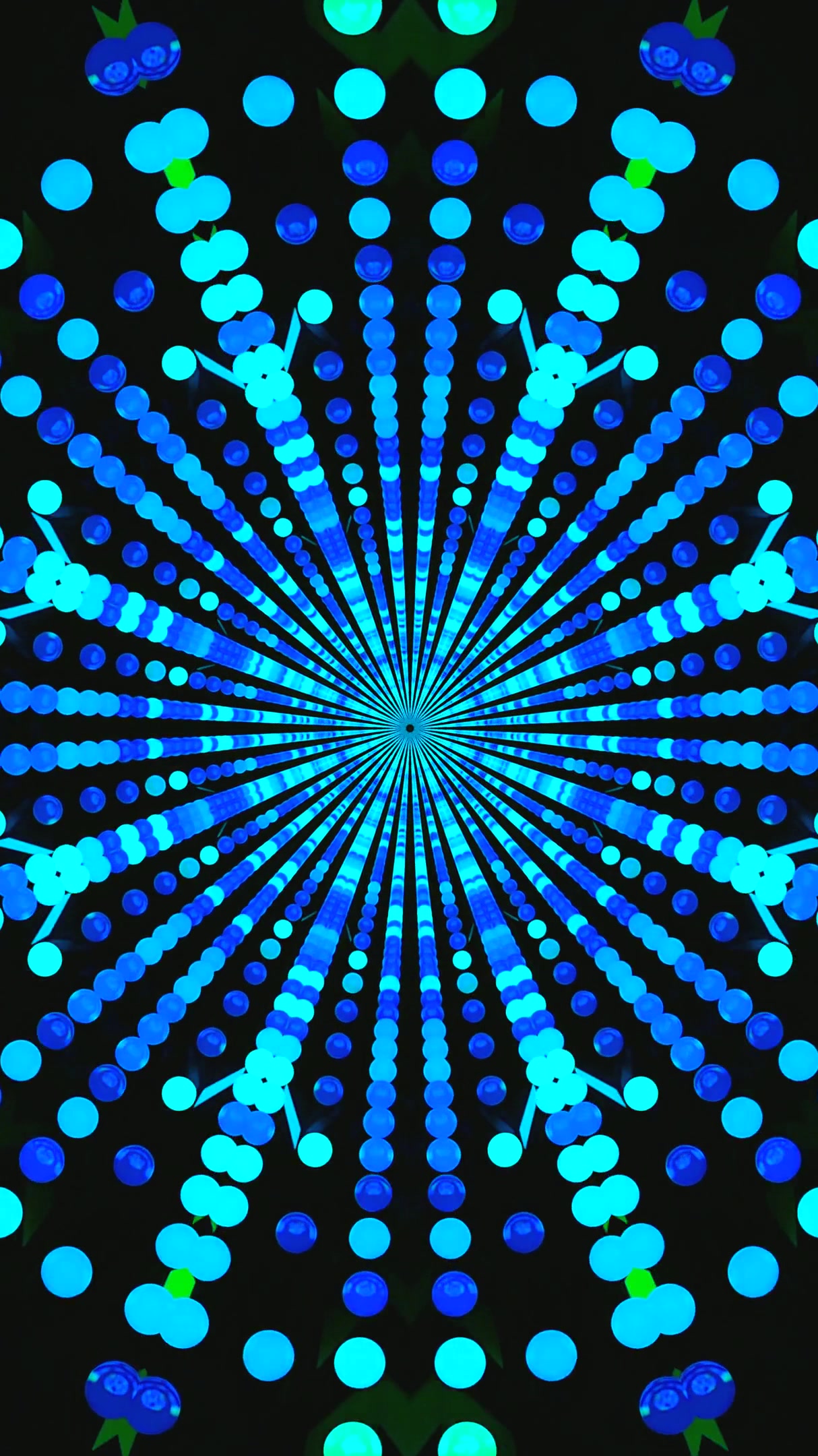 Endless tunnel video loop creating vibrant patterns of blue and green dots with radial lines, perfect for screensaver use
