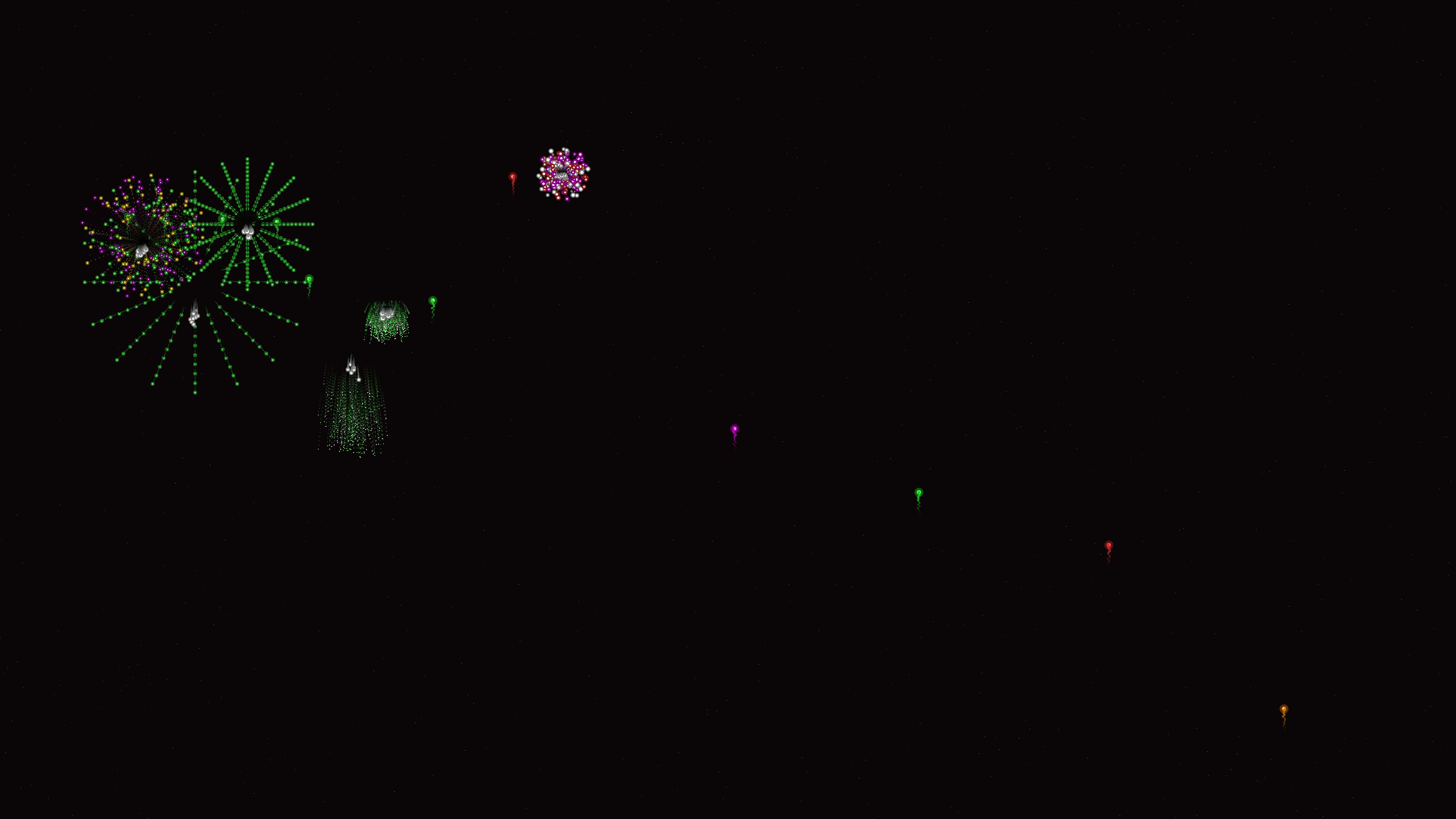 Colorful firework display with neon glow effect and glitter accents during night celebration in outdoor space