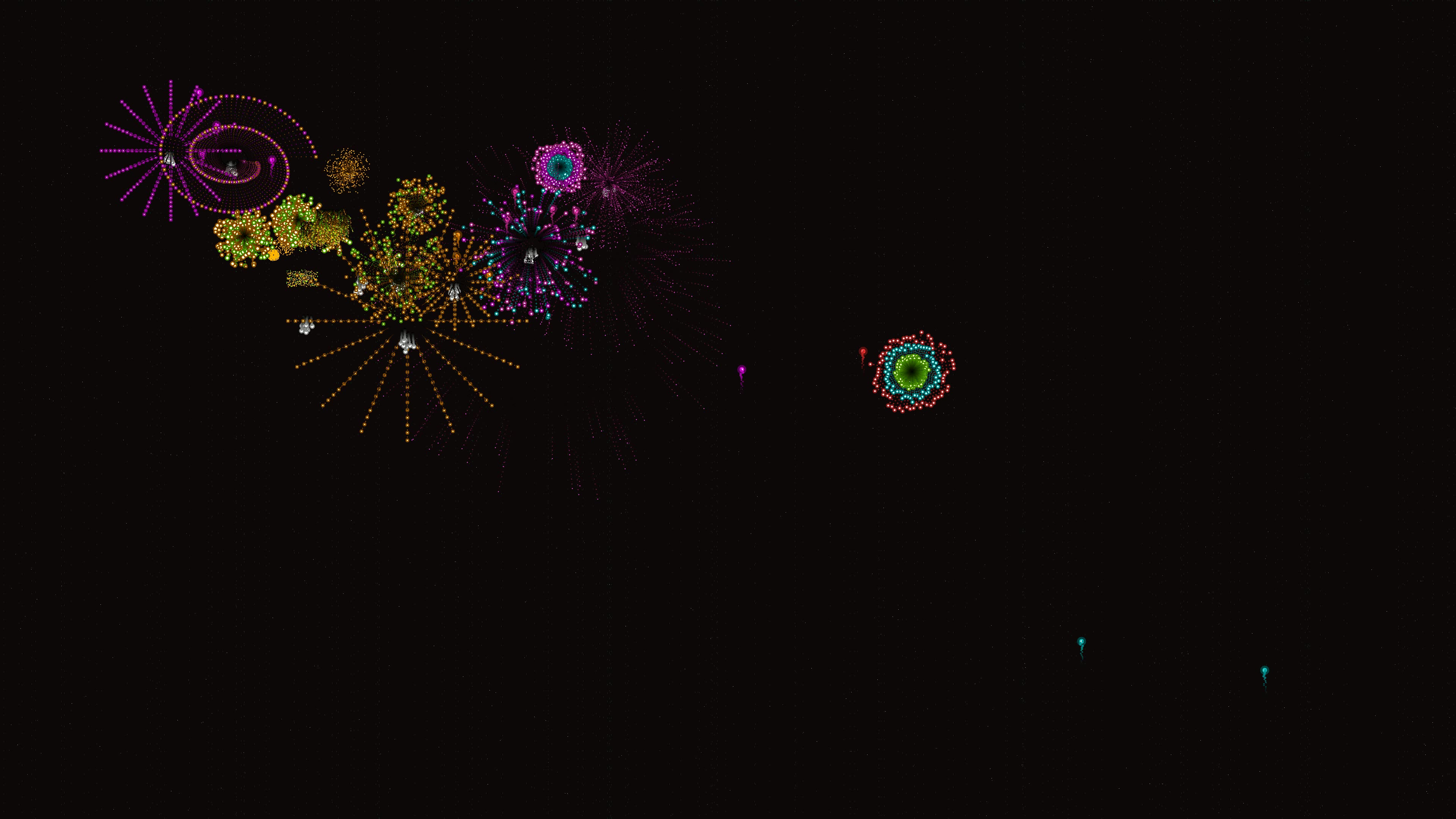 Neon glow firework display with glitter effect lighting up the night sky during a celebration event