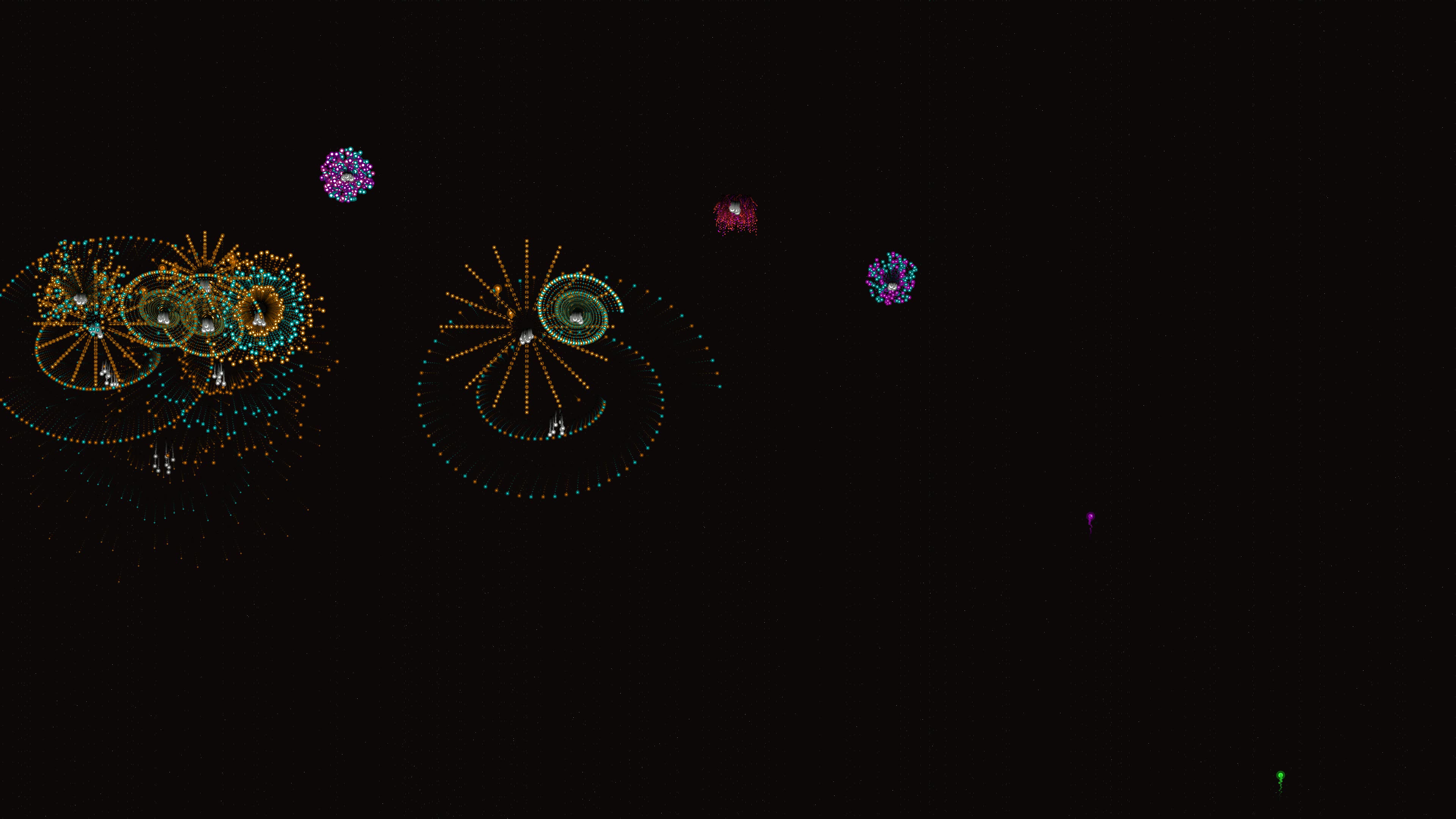 Neon glow effect firework display with glittering sparks at night event