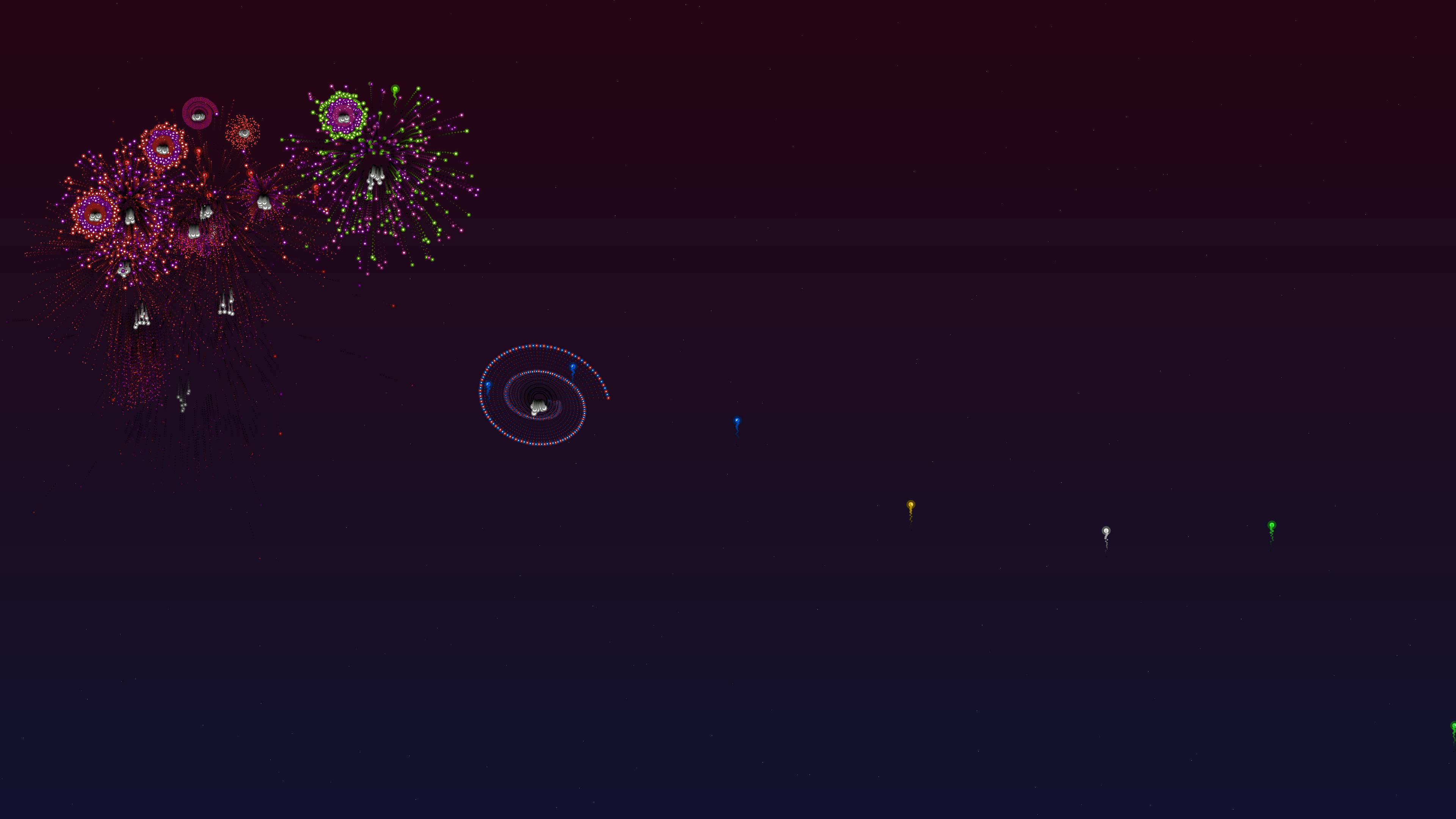 Neon glow effect firework display with glitter in night sky during celebration event