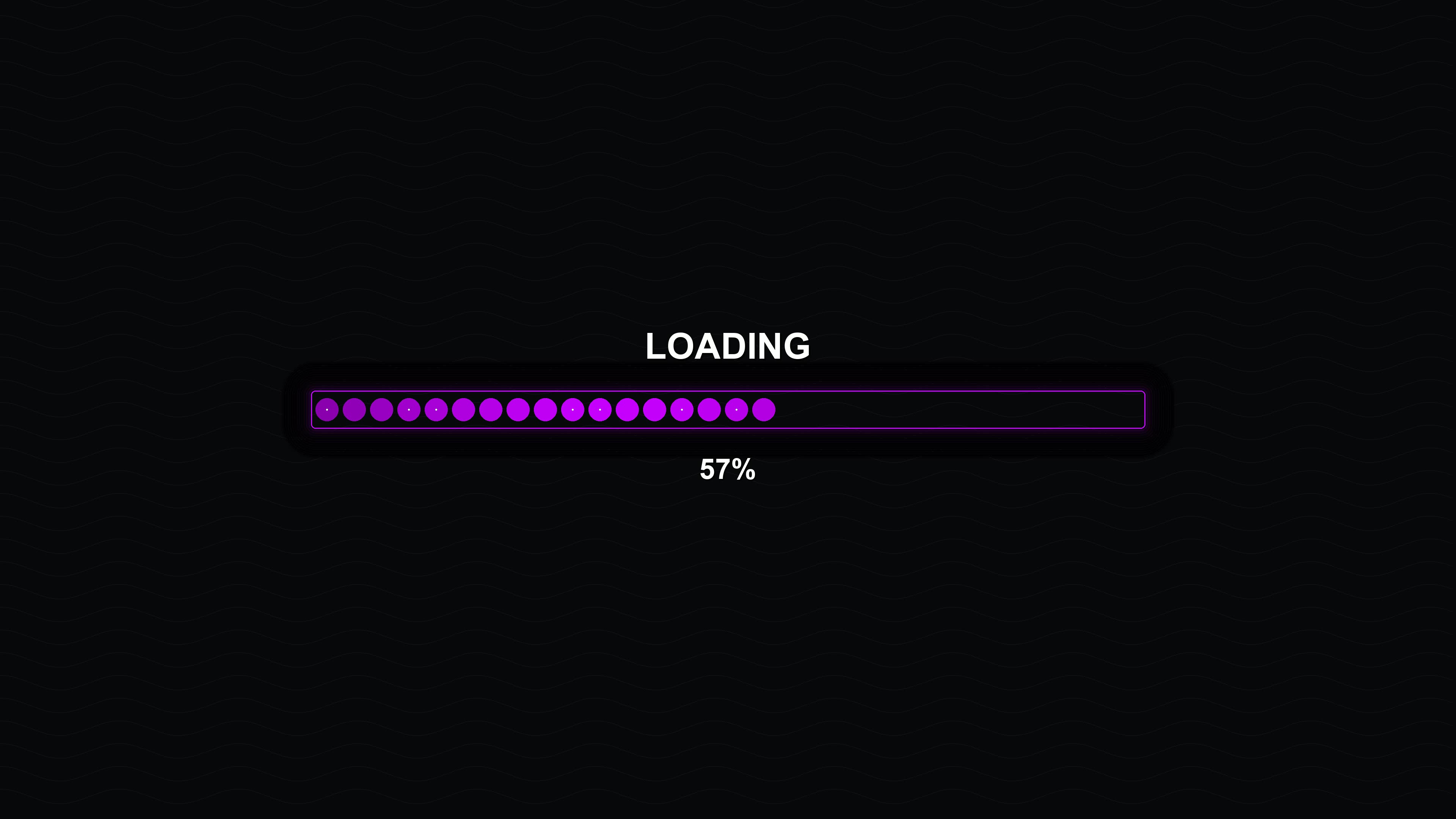 Modern progress bar animation for loading periods with purple dots on a black background showing completion status