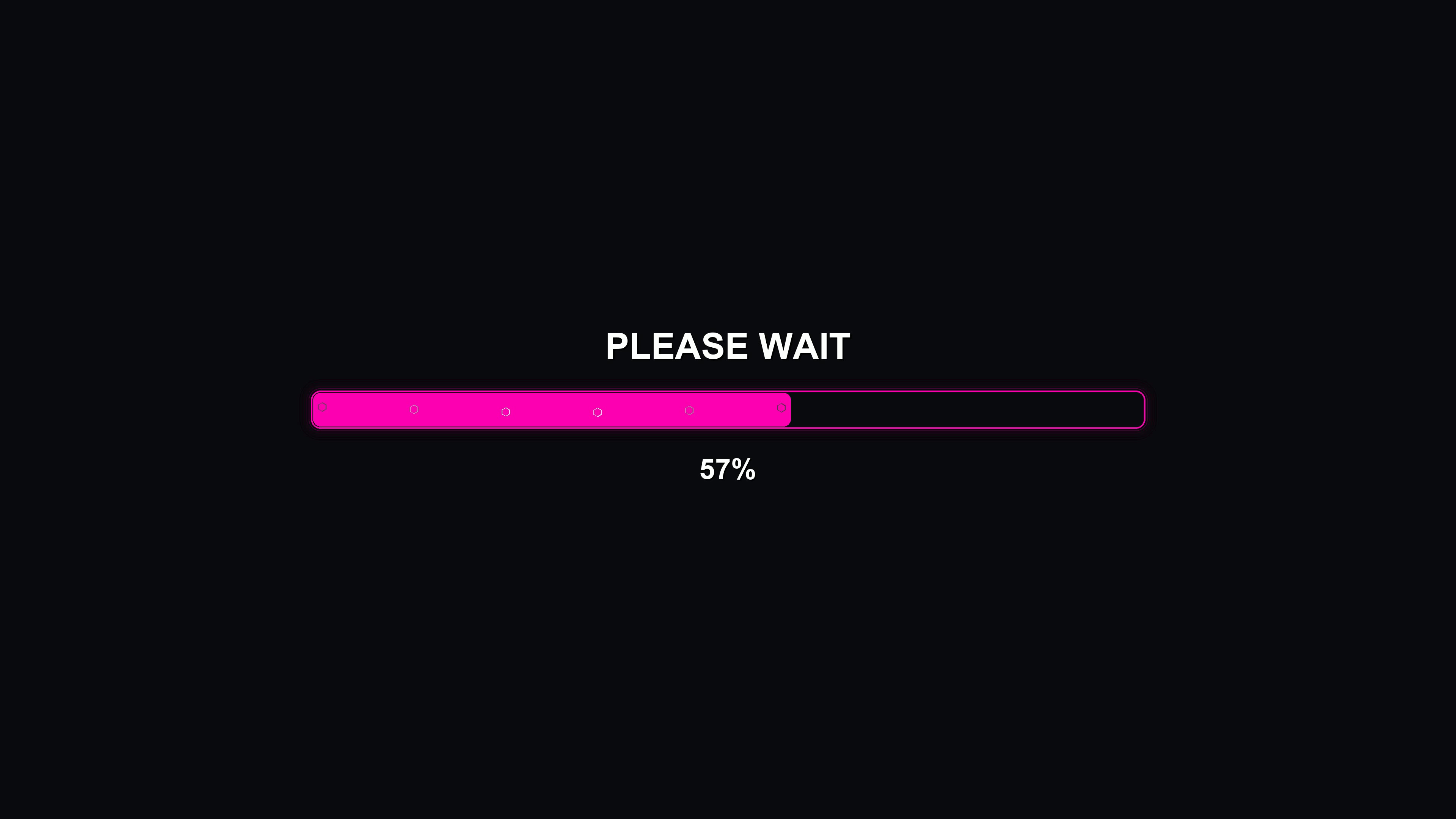 Hexagon grid style progress bar animation in a digital display at night with a loading message and completion percentage
