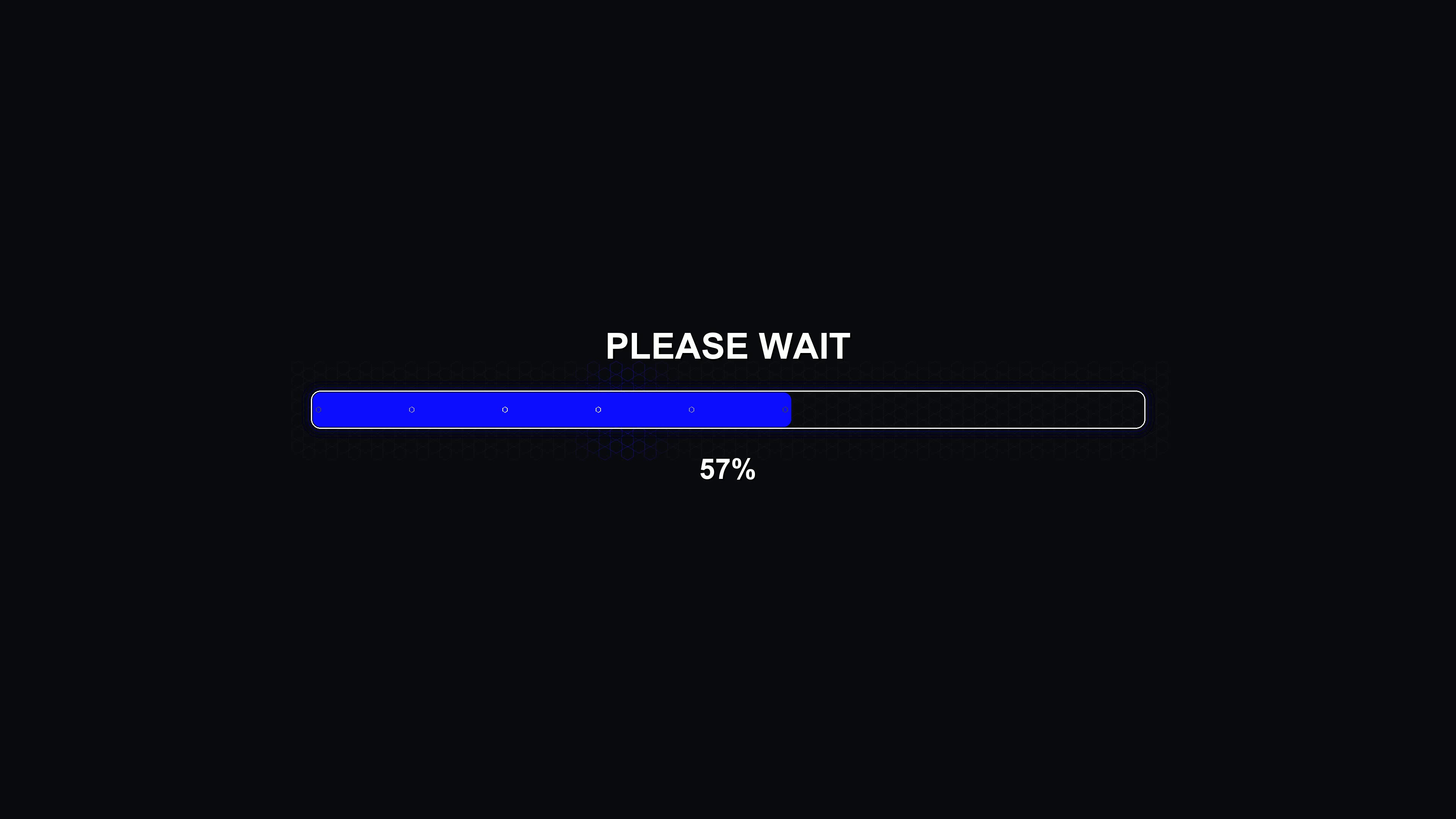 Hexagon grid progress bar animation with loading screen in dark background showing percentage completion step