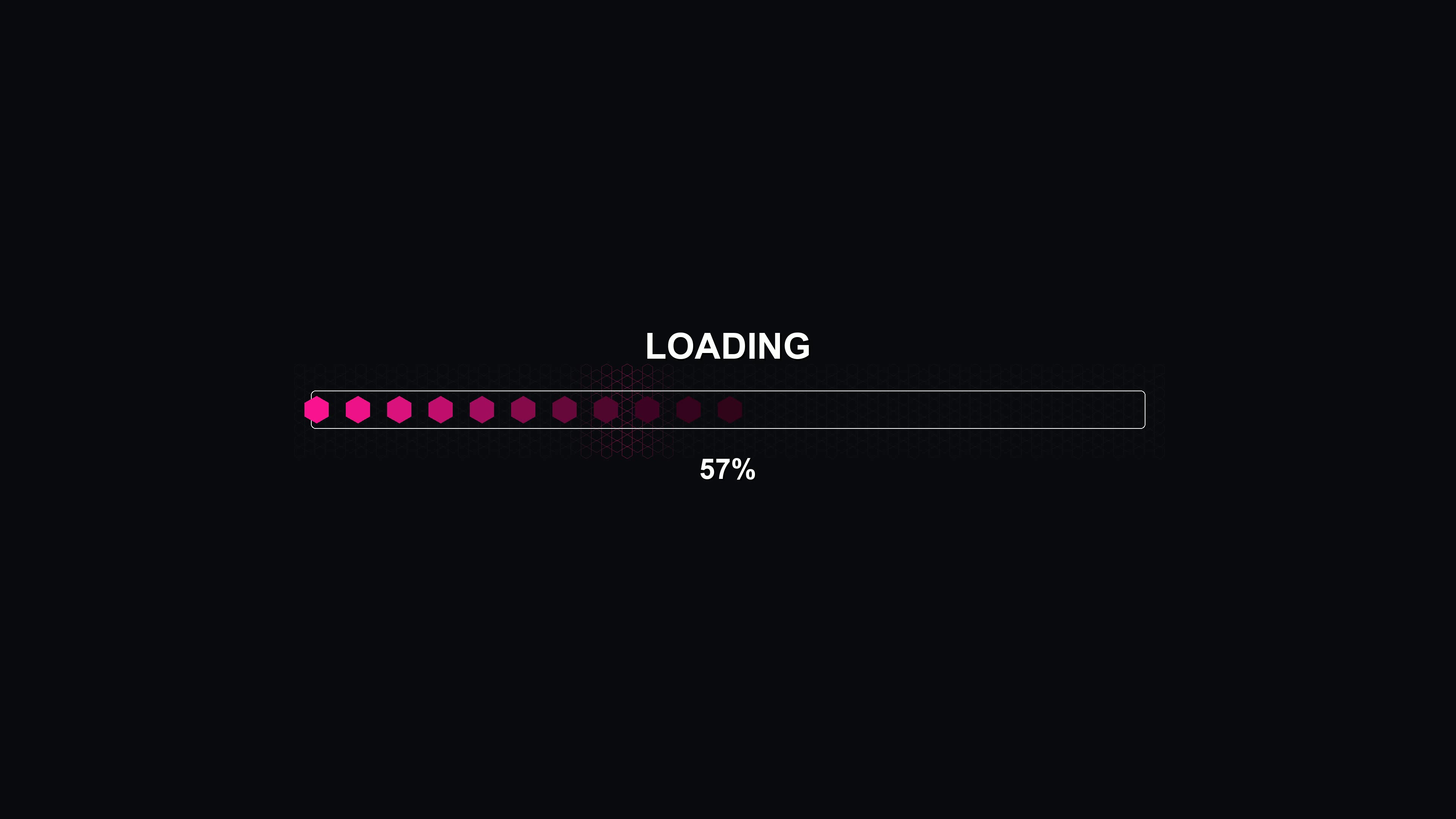 Hexagon grid animation shows progress bar with loading indicator and completion message in a digital display