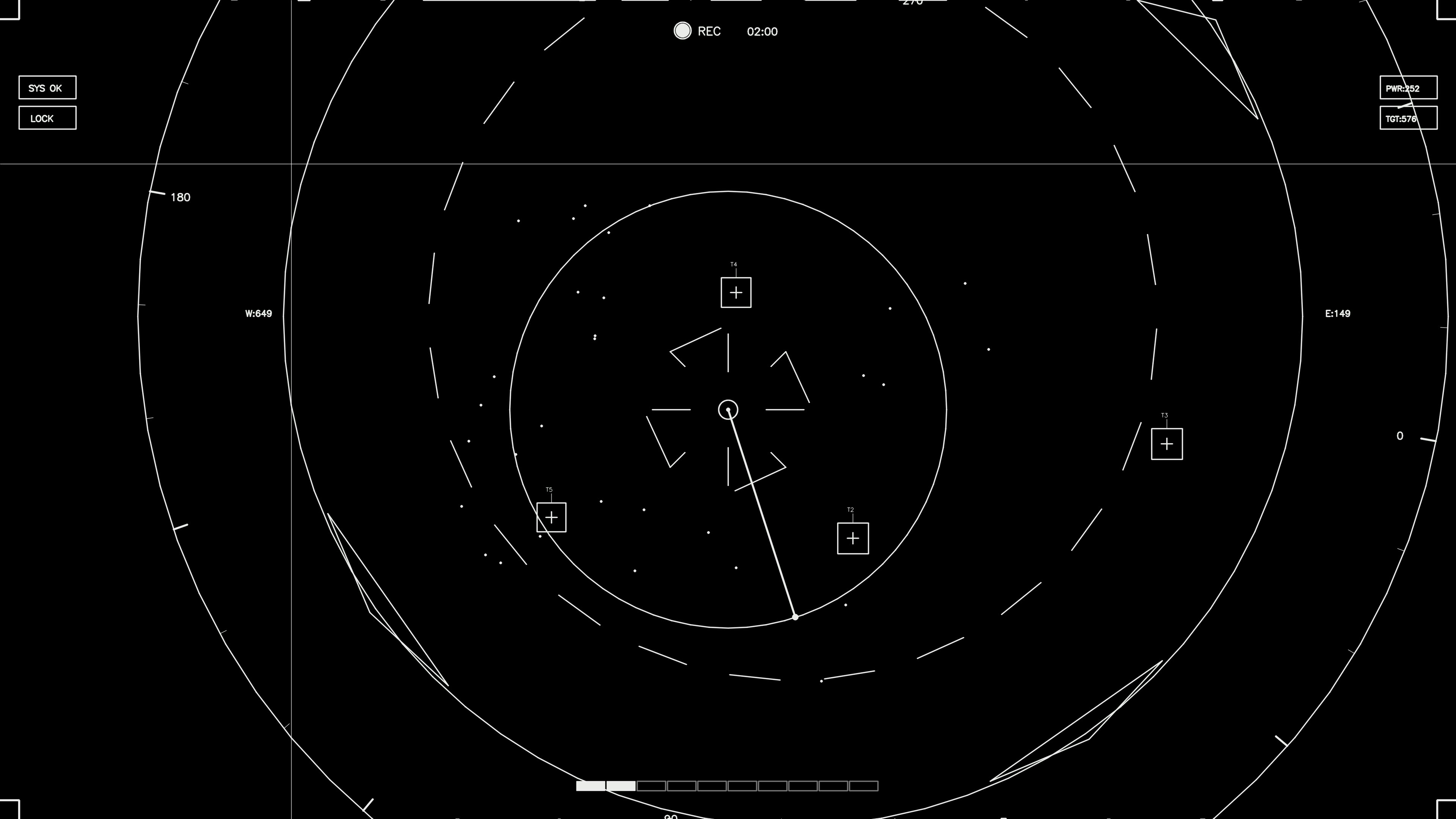 Animation of hud elements for web designer and sci-fi video editor showing circular radar display with markings and recording timer