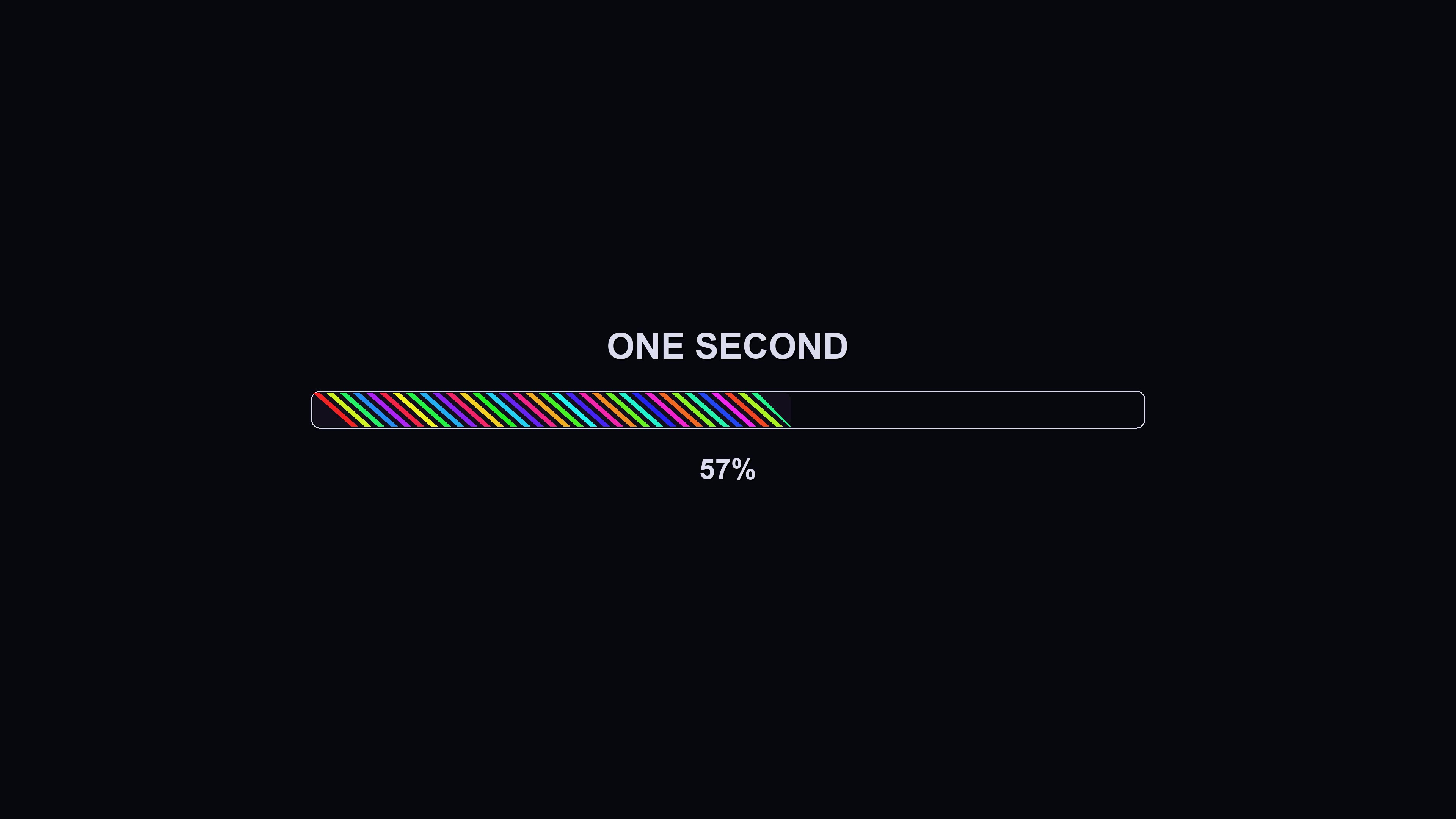 Loading animation shows colorful progress bar fill to completion showing one second duration