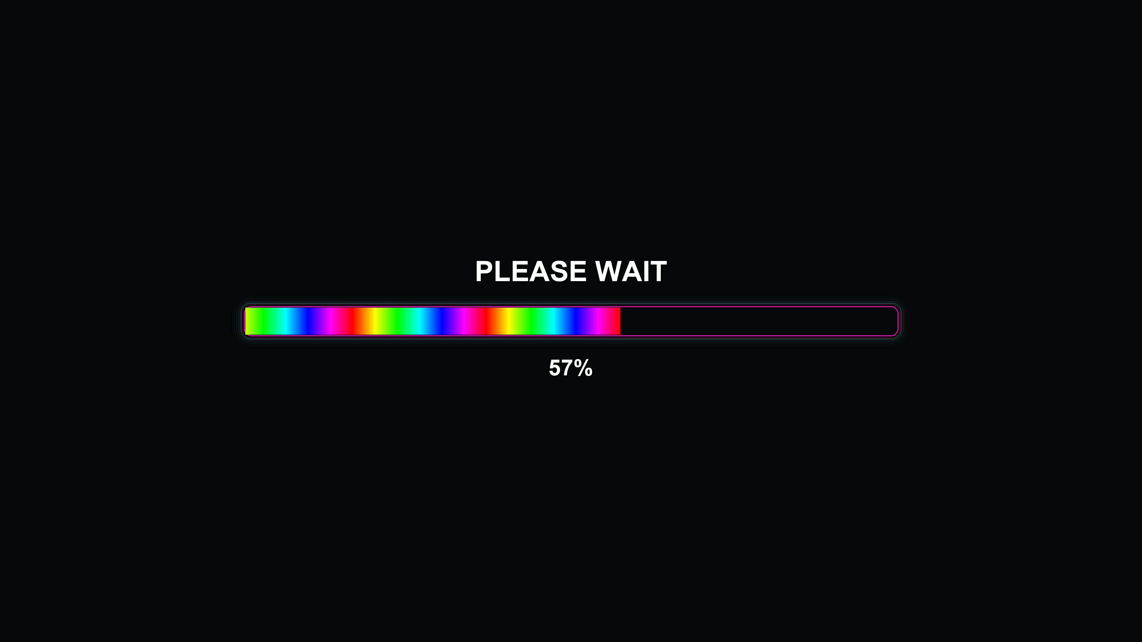 Modern progressbar animation shows vibrant colors as it fills up with a wait message visible on a black background