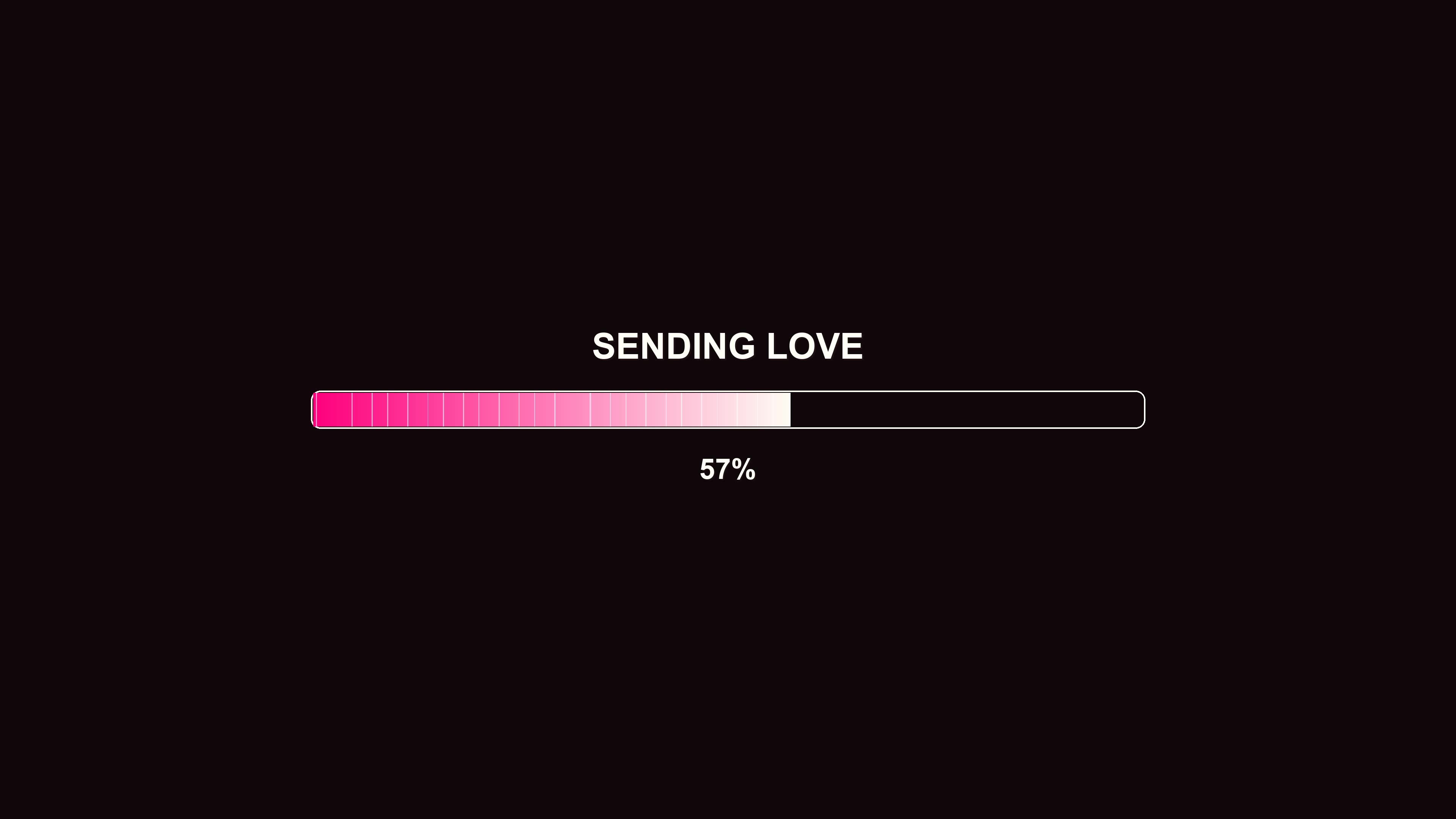 Loading animation showing progress of sending love from 0 to 100 percent in a digital format on a dark background